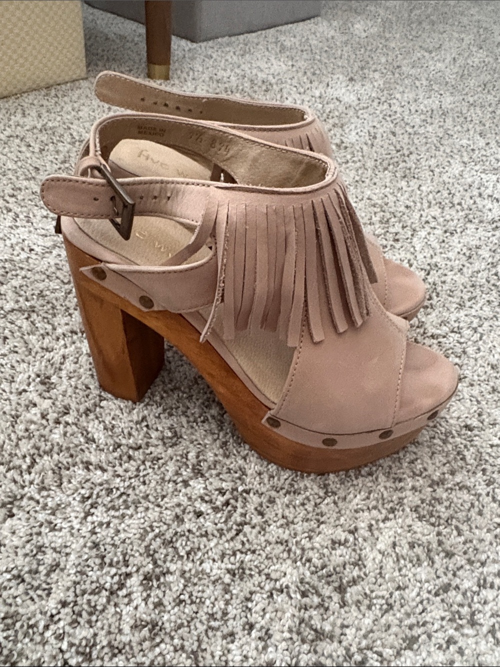 Fringed Suede Platform Sandal in Blush - Women's High Block Heel